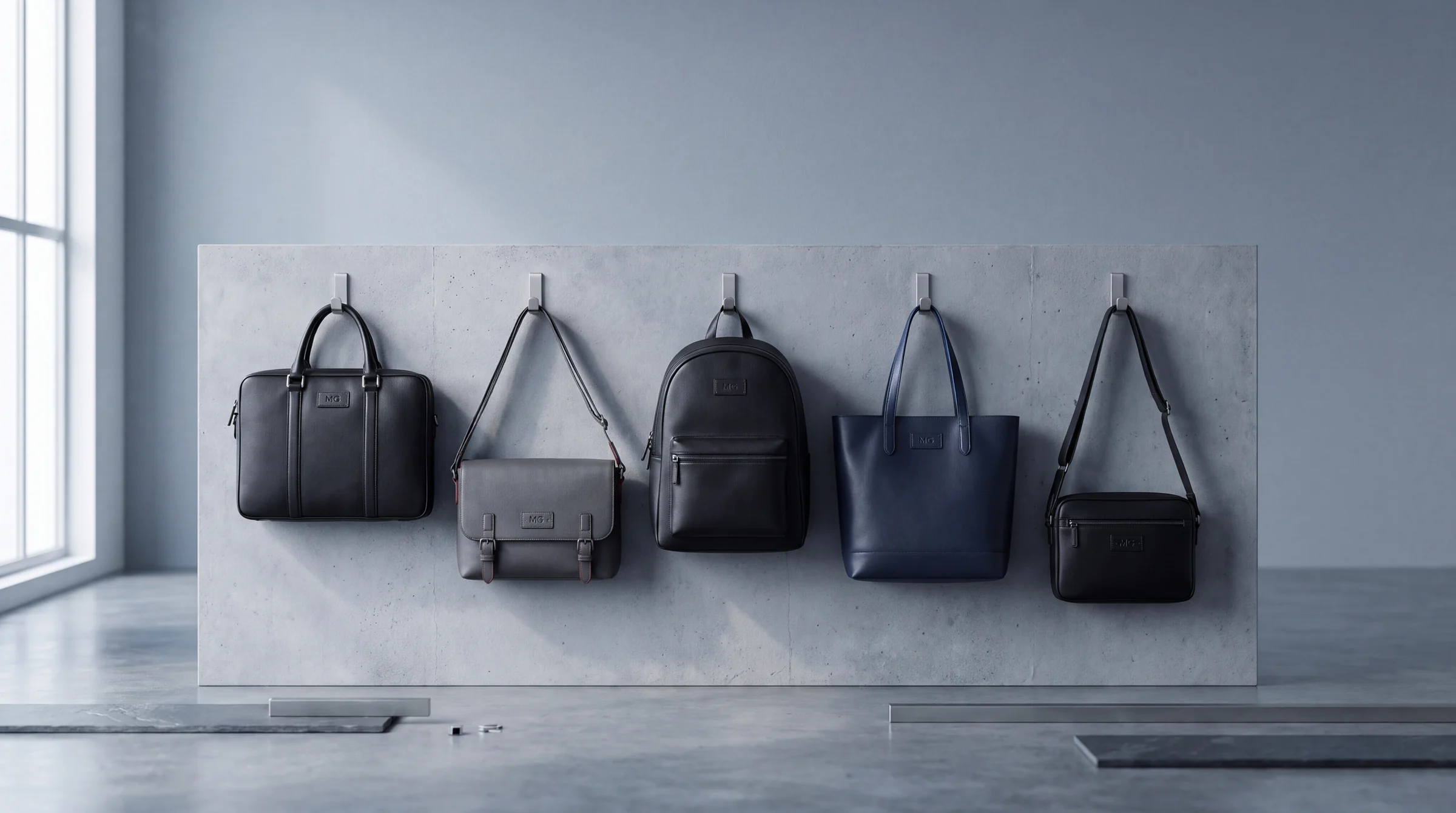 Five leather bags hanging in a row from steel hooks on a concrete wall