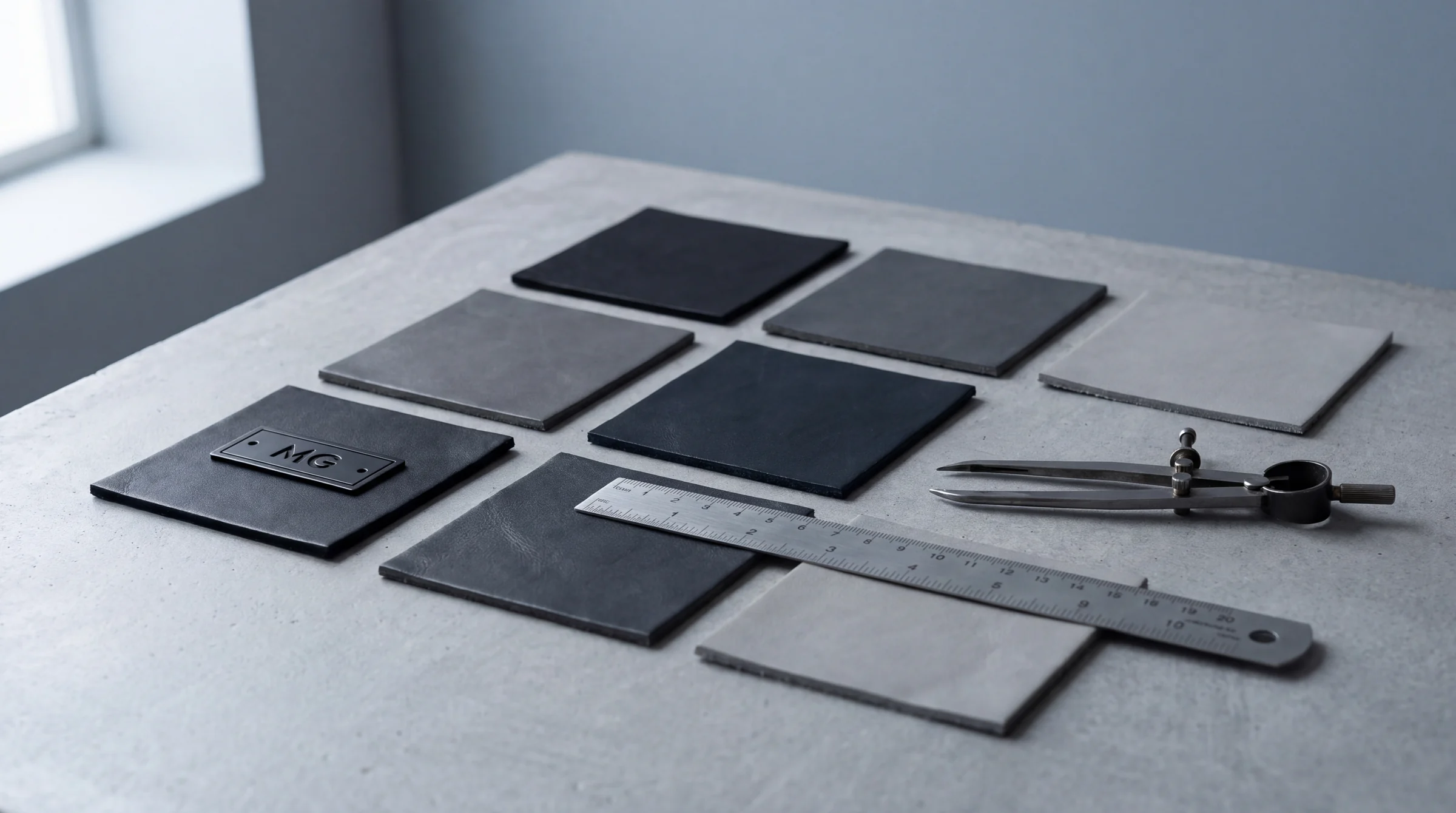 Leather swatches in black, graphite, midnight and stone on a concrete table with a steel ruler and dividers