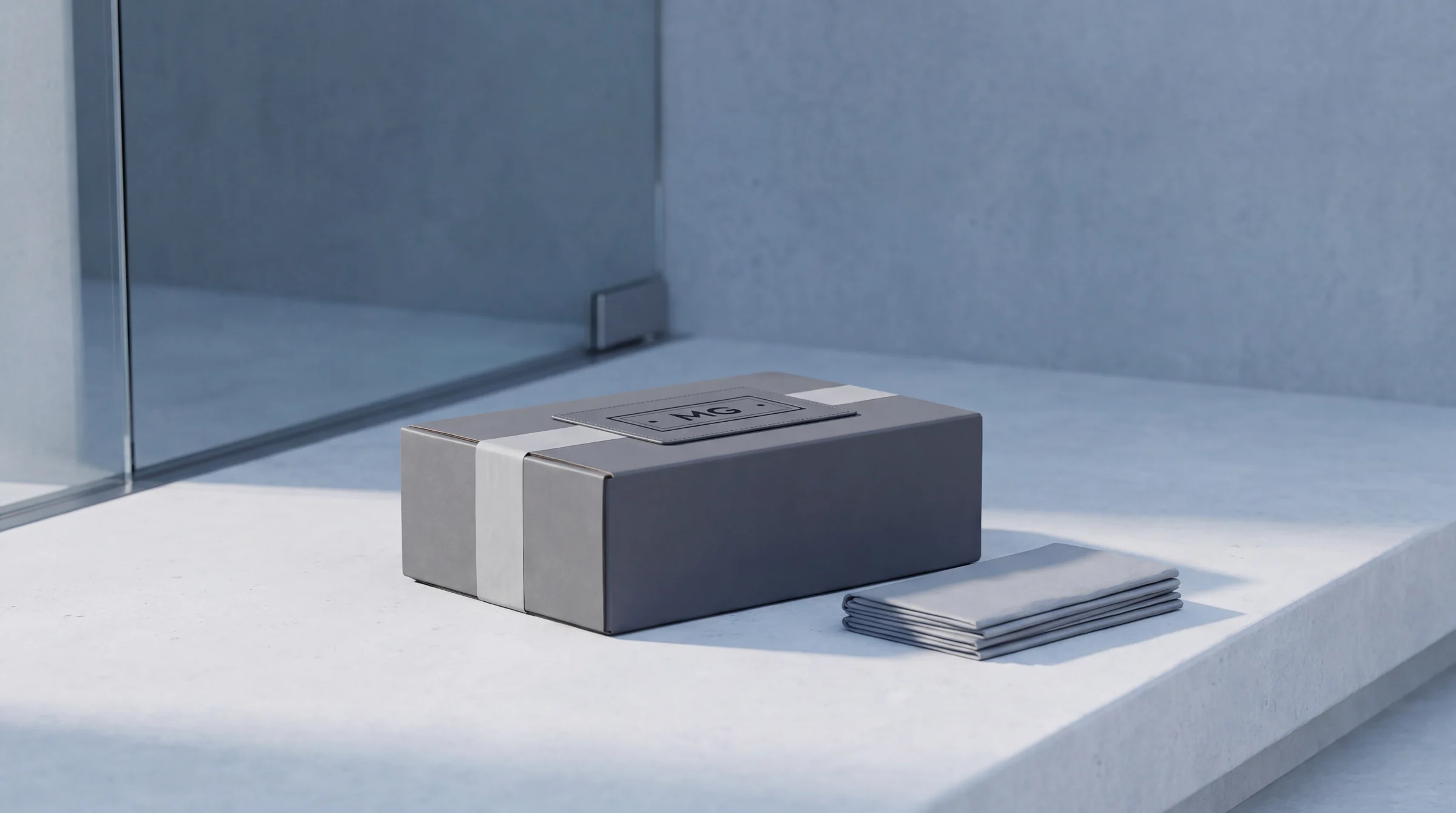 A graphite shipping box closed with paper tape beside gray tissue on a concrete step