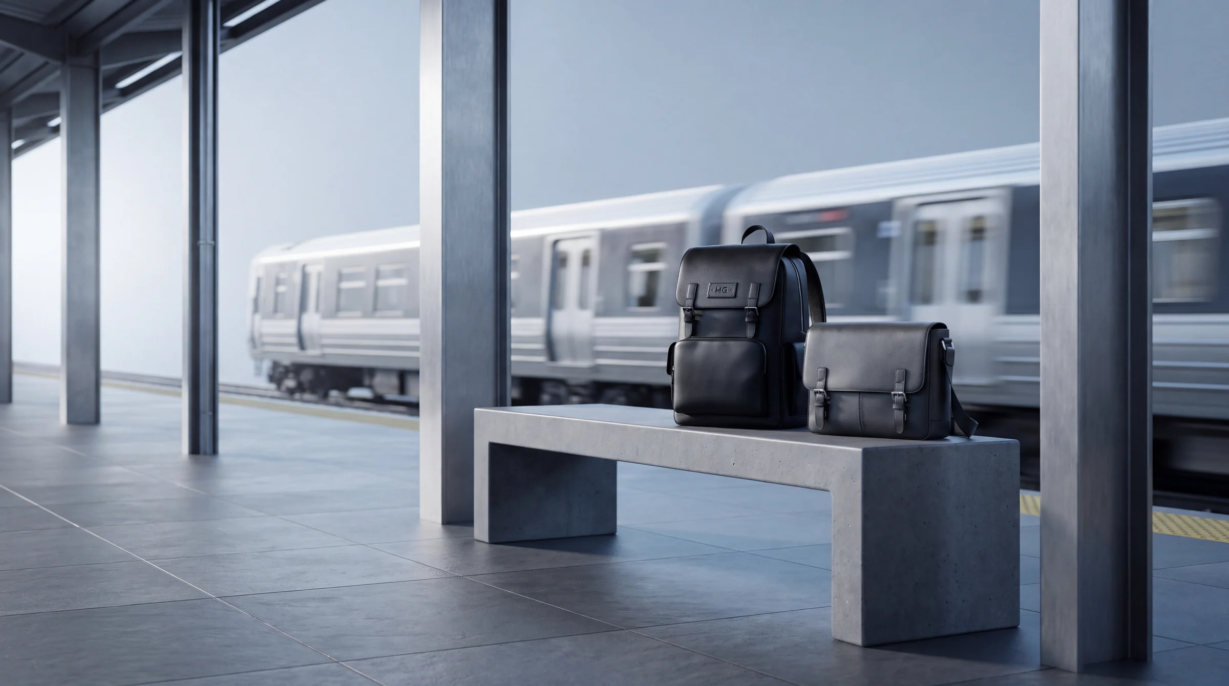 A leather backpack and a messenger bag on a concrete bench on a quiet train platform