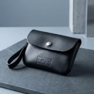 Leather Earbud Pouch: front three-quarter view
