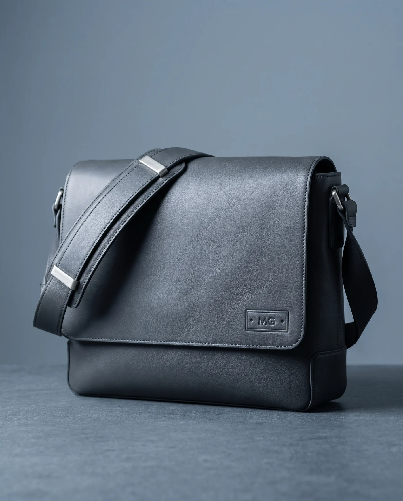Leather Messenger Bag: front three-quarter view