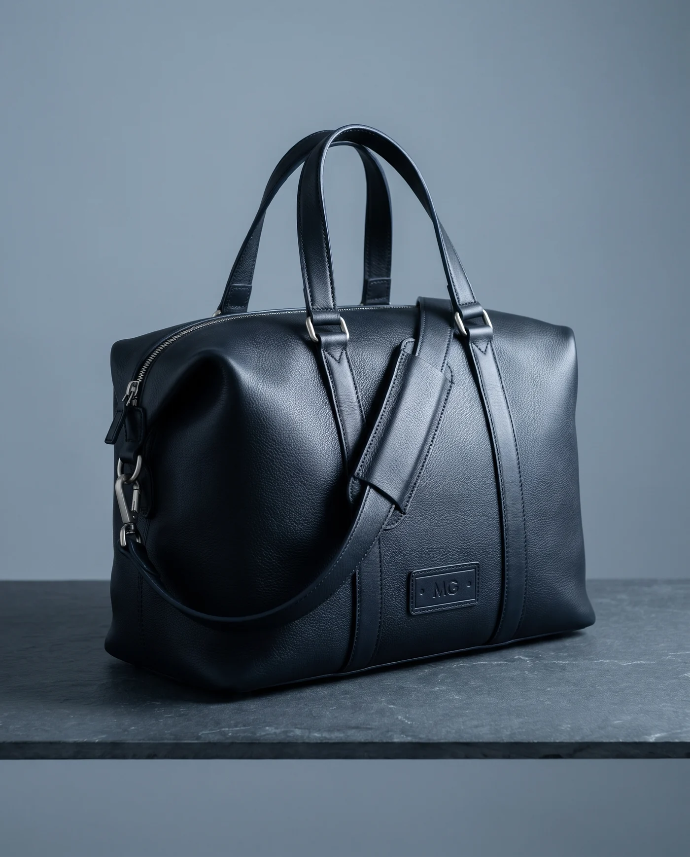 Leather Overnight Bag: front three-quarter view