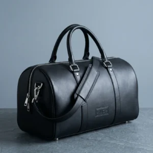 Leather Weekender Duffel: front three-quarter view